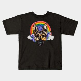 German shepherd with flowers and rainbow Kids T-Shirt